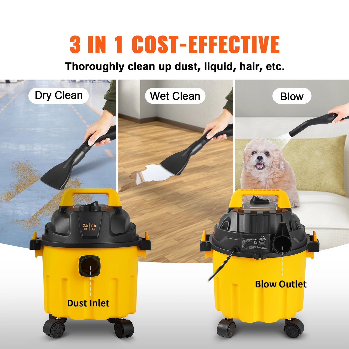 SucceBuy Wet Dry Vacuum 2.5 Peak HP 3 In 1 Blowing Function