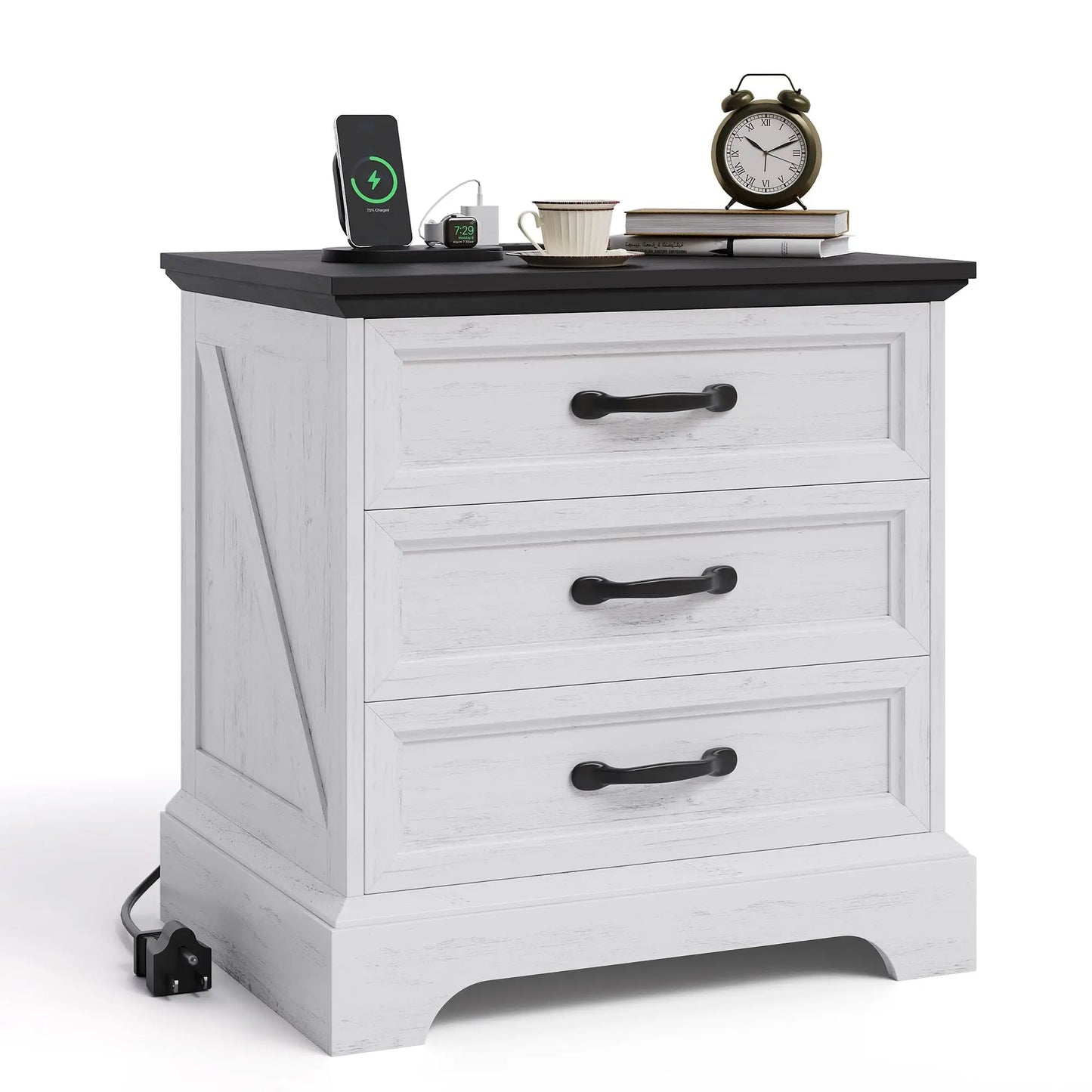 Modern Farmhouse Wood Nightstand With Charging Station And Drawers