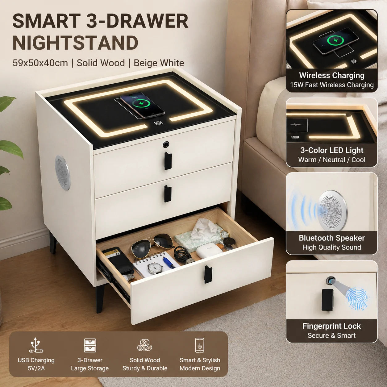 Solid Wood Nightstand With USB Charging Bluetooth Speaker And 3 Drawers