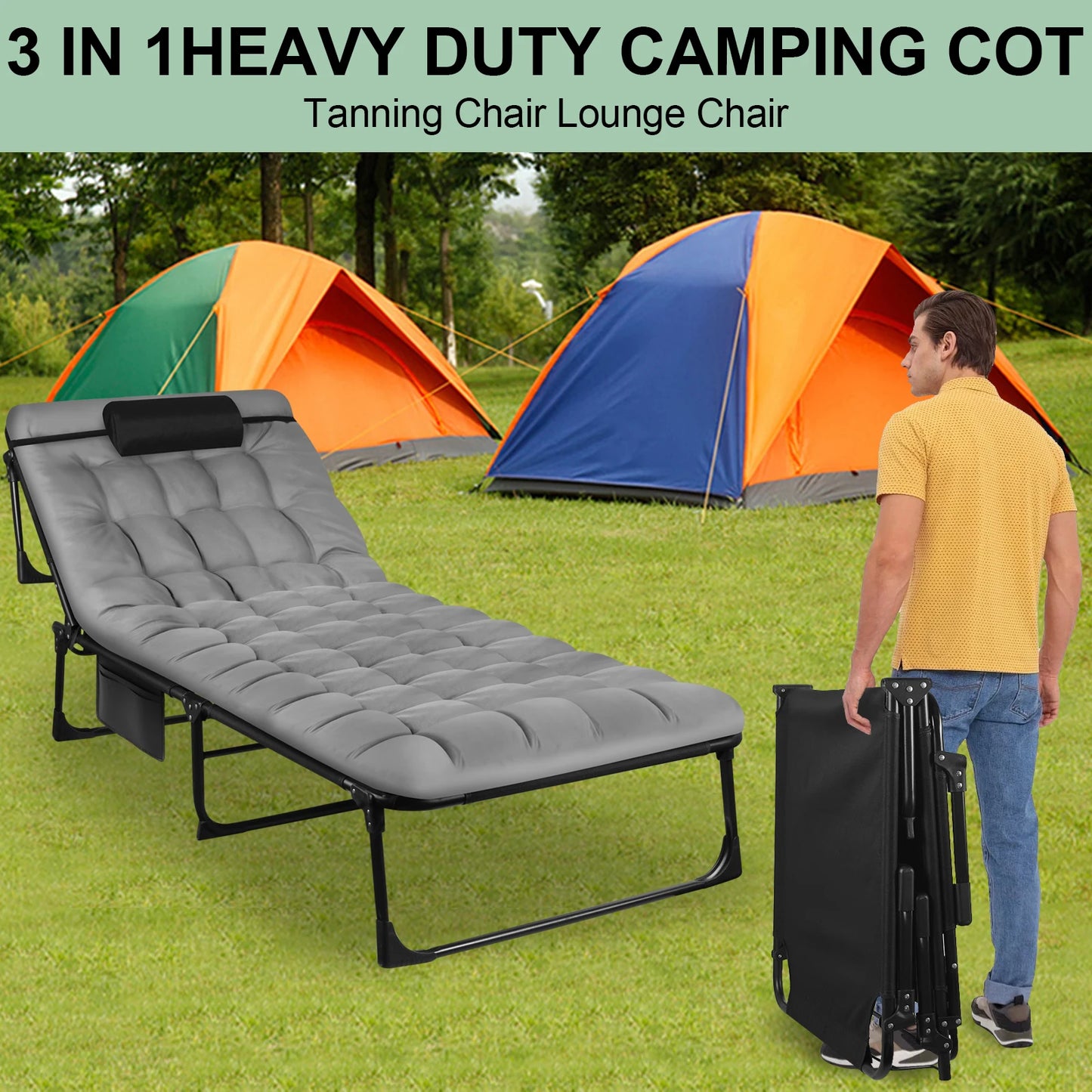 Portable Folding Camping Cot Three Position Reclining Lounge Chair