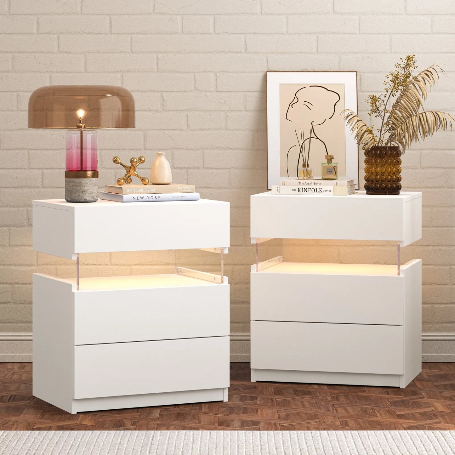 Cubehom Bedside Table Set With LED Lighting And 3 Drawers