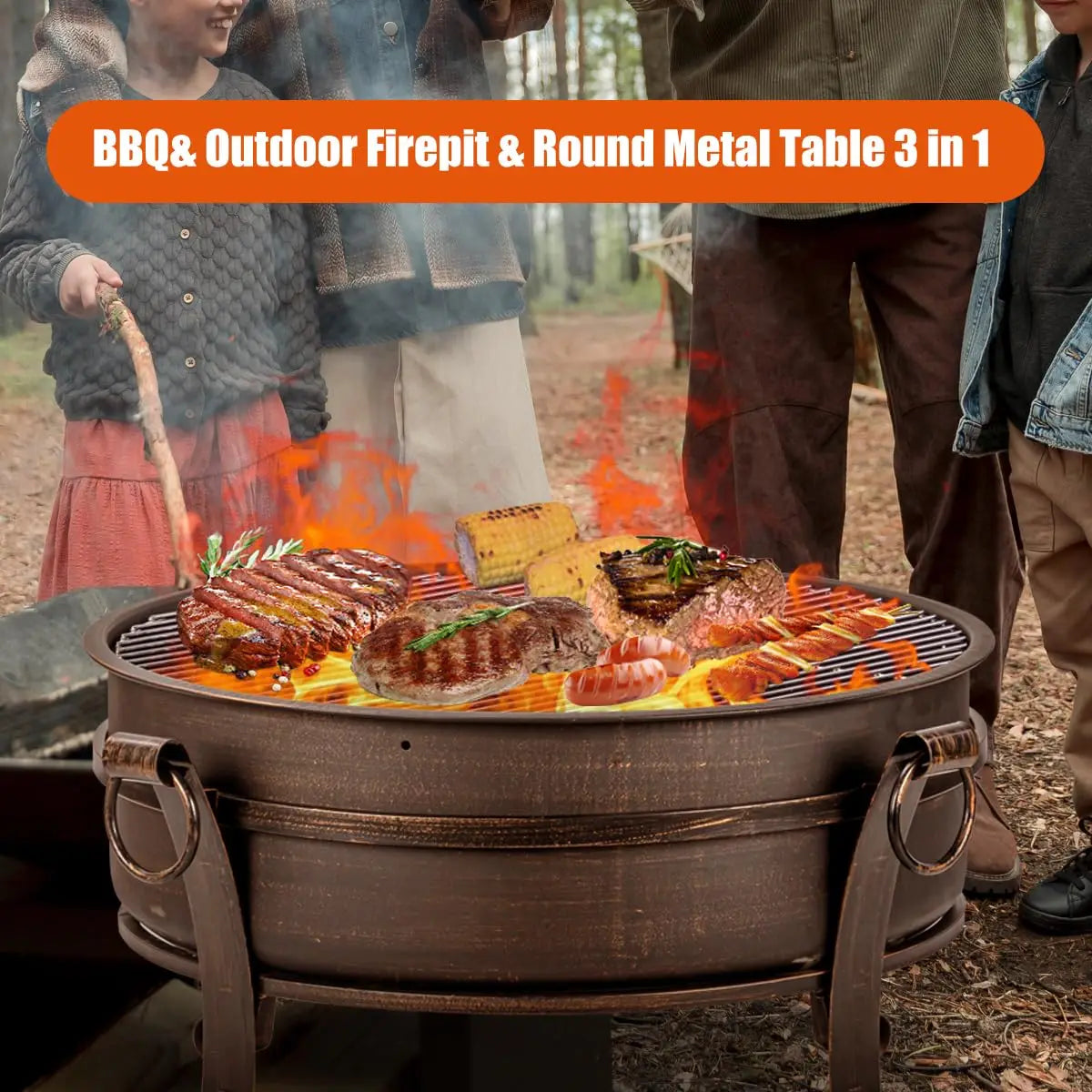 Three In One Wooden Fire Pit With GrillGrate And Lid