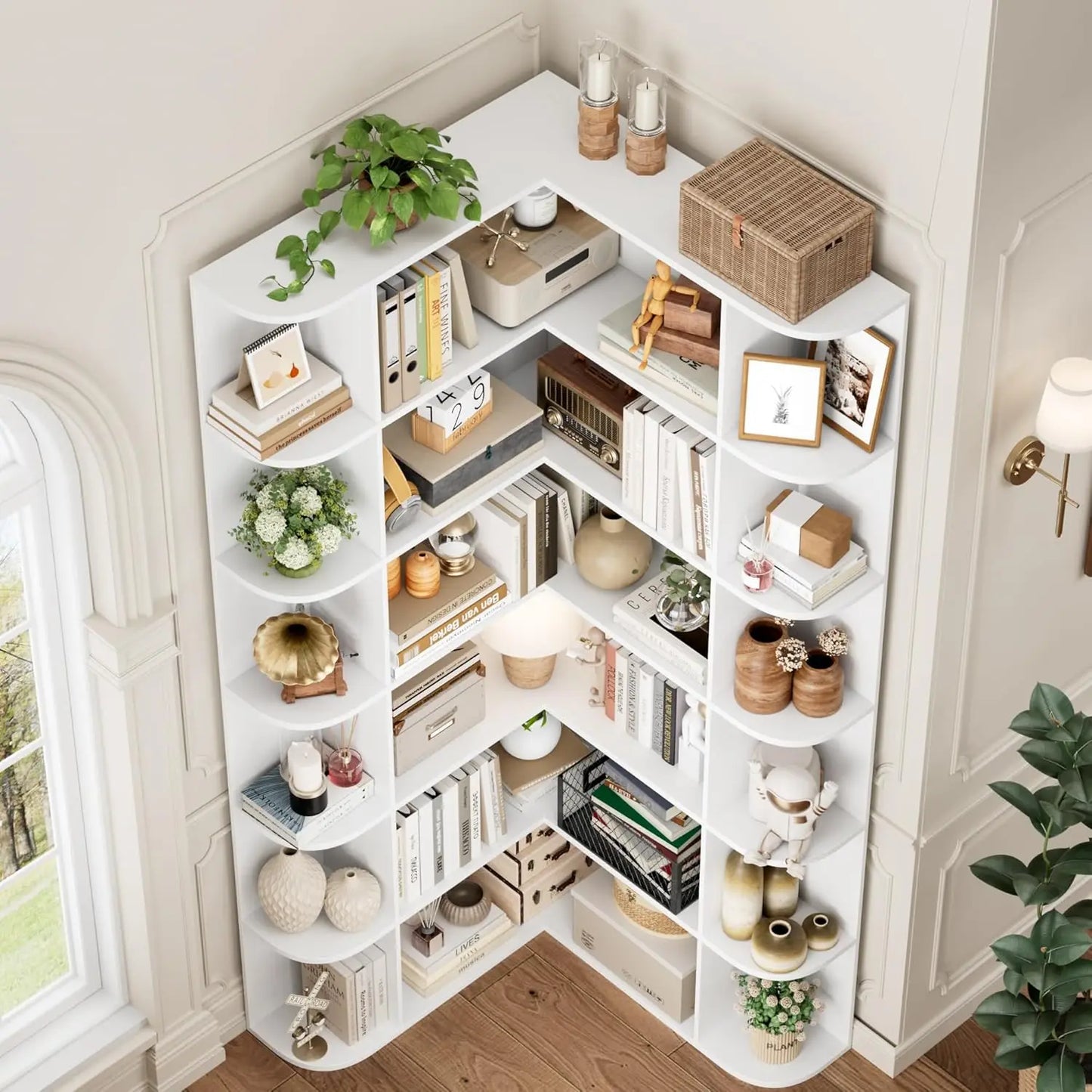 L Shaped Corner Bookshelf Six Tier Wood Bookcase Home Office