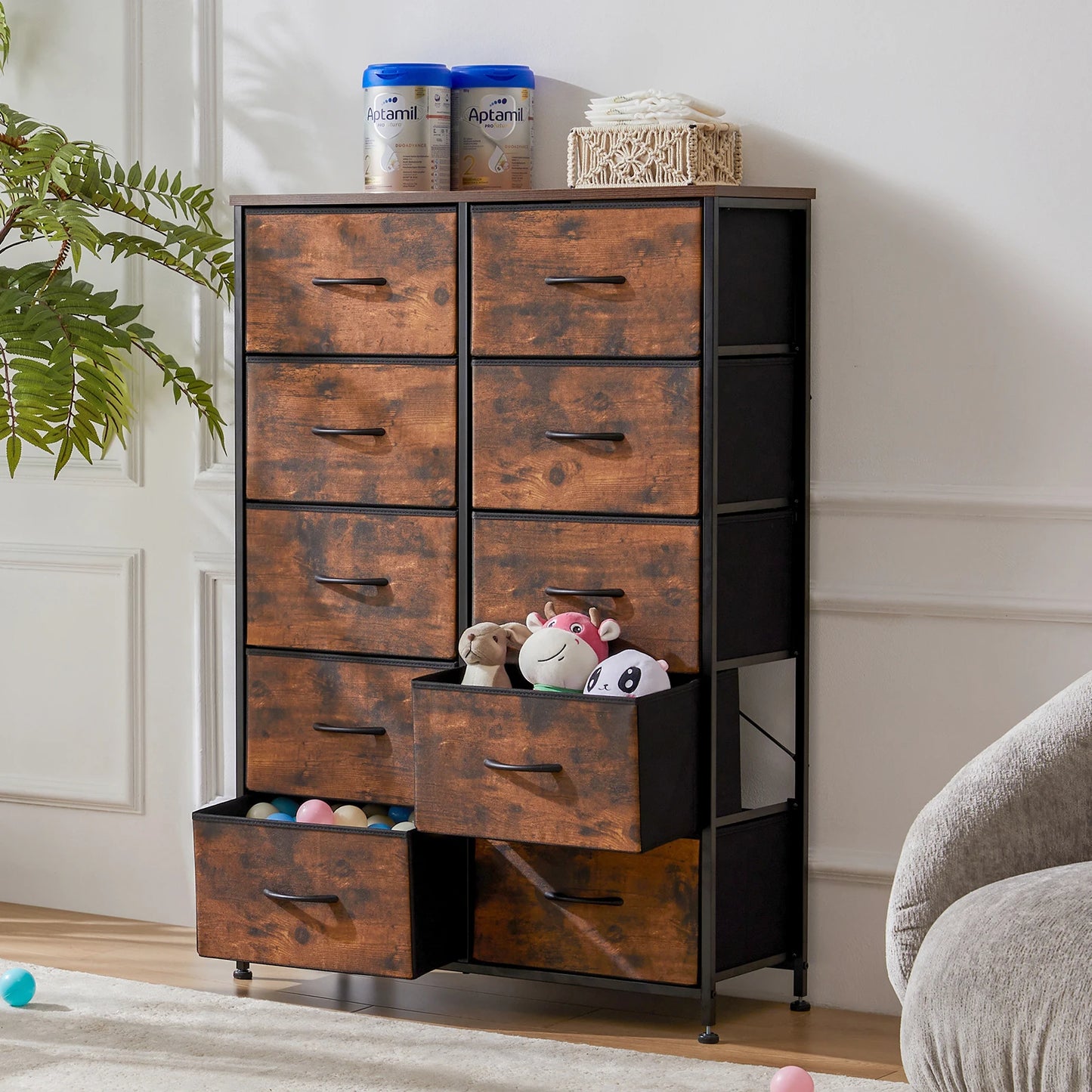 JHK Bedside Table With Fabric Drawers Wardrobe And Steel Frame