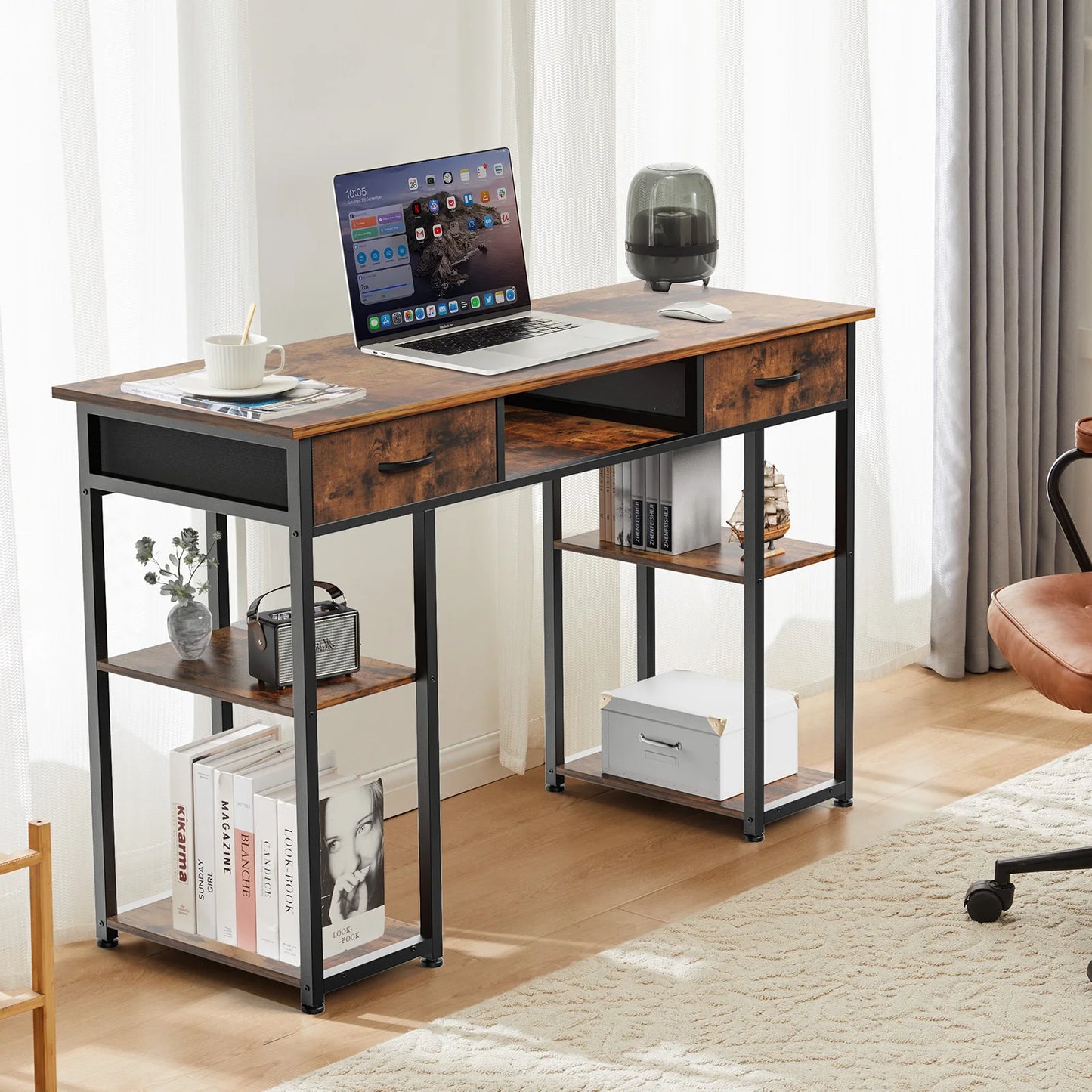 JHK Computer Gaming Desk With Metal Frame Fabric Drawers And Shelves