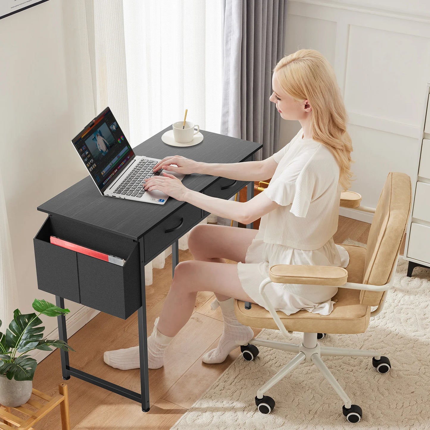 JHK Modern Office Desk With Fabric Storage Drawers