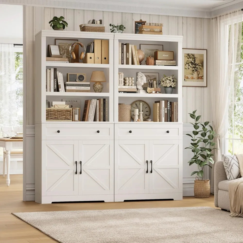 Farmhouse Wood Bookcase With Drawers And Doors Open Shelves