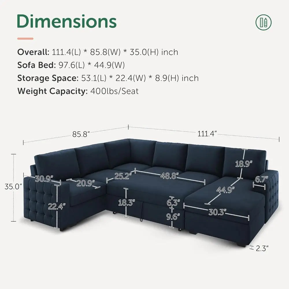 U Shaped Sectional Sleeper Sofa With Storage And Chaise