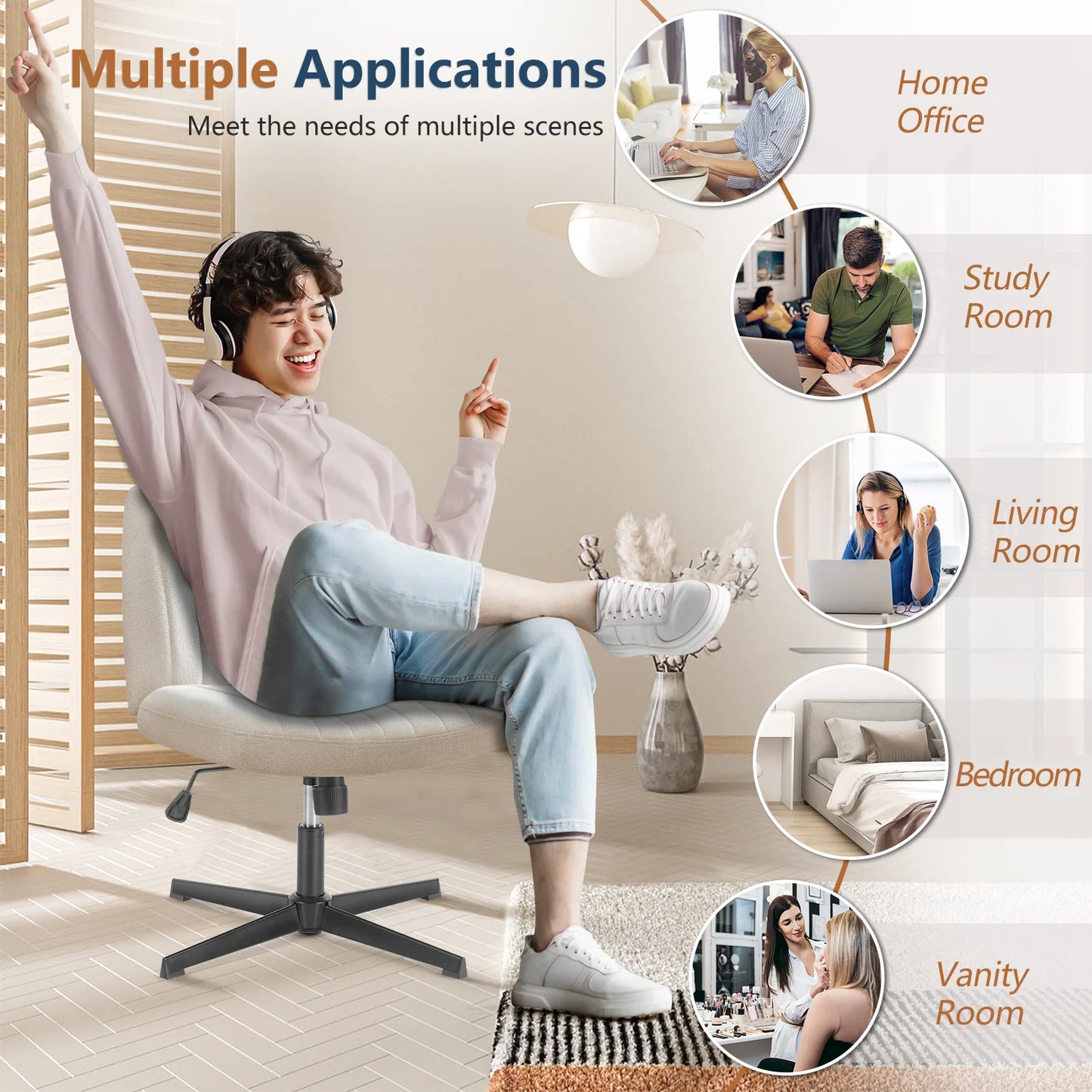 JHK Cross Legged Office Chair Rocking Swivel Adjustable Fabric Task Chair