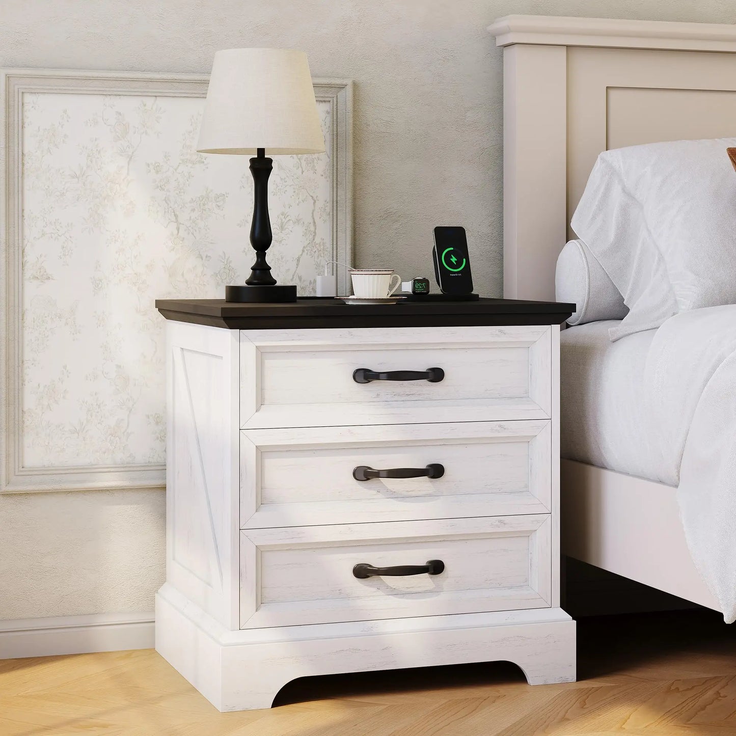 Modern Farmhouse Wood Nightstand With Charging Station And Drawers
