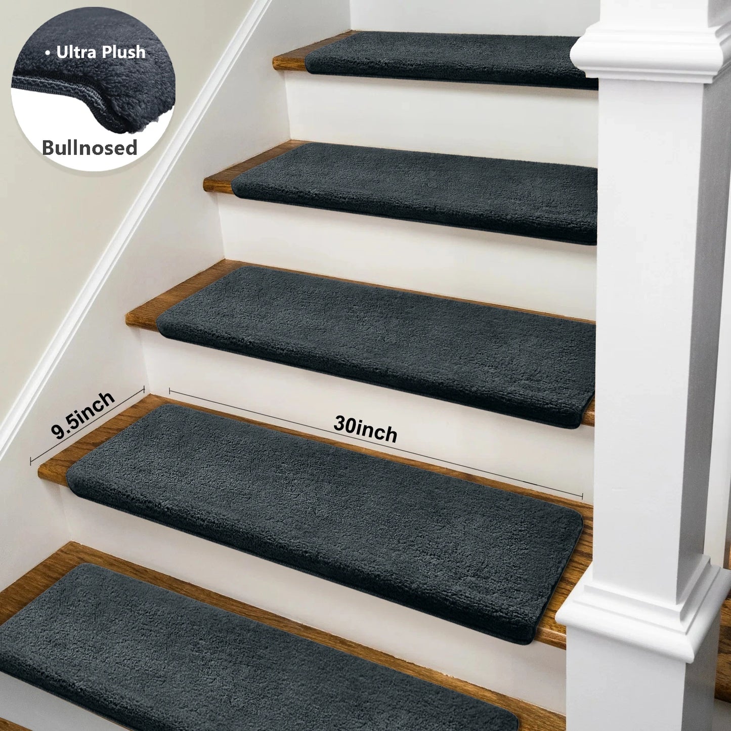 Non-Slip Bullnose Stair Treads Washable Self-Adhesive Plush Carpet Mats