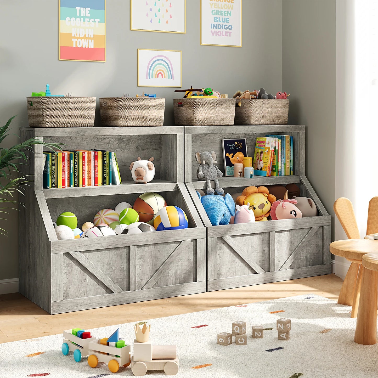 Wooden Kids Bookshelf With Cubby Storage Organizer For Nursery
