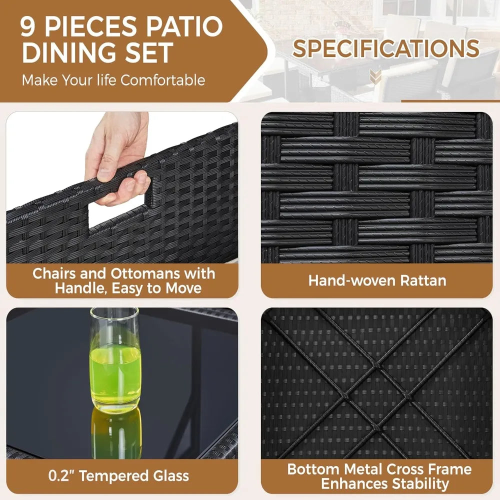 9-Piece Outdoor Patio Dining Set With Rattan Glass Table