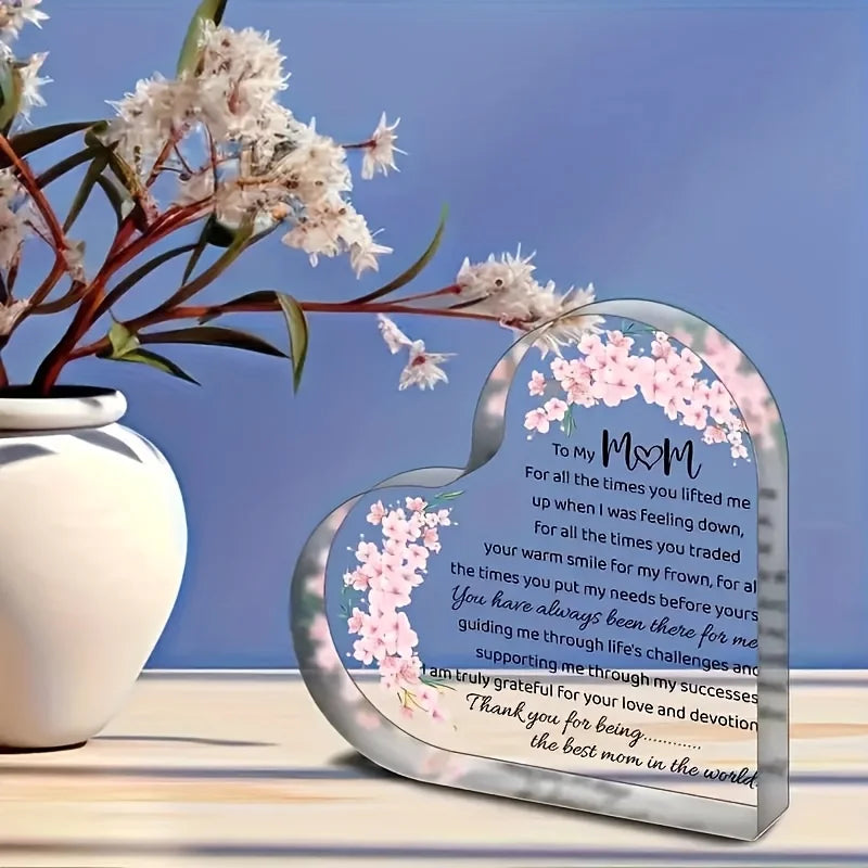 Heart Shaped Acrylic Mom Appreciation Plaque With Floral Design Gift