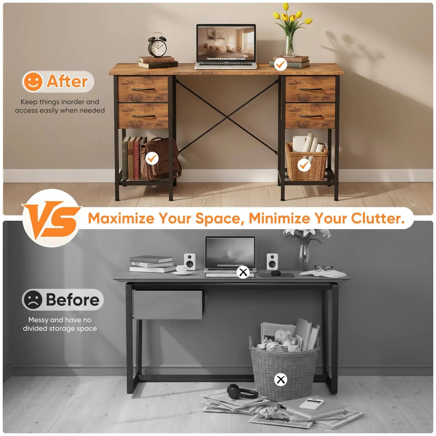 JHK Computer Desk With 4 Drawers And Mesh Shelf Home