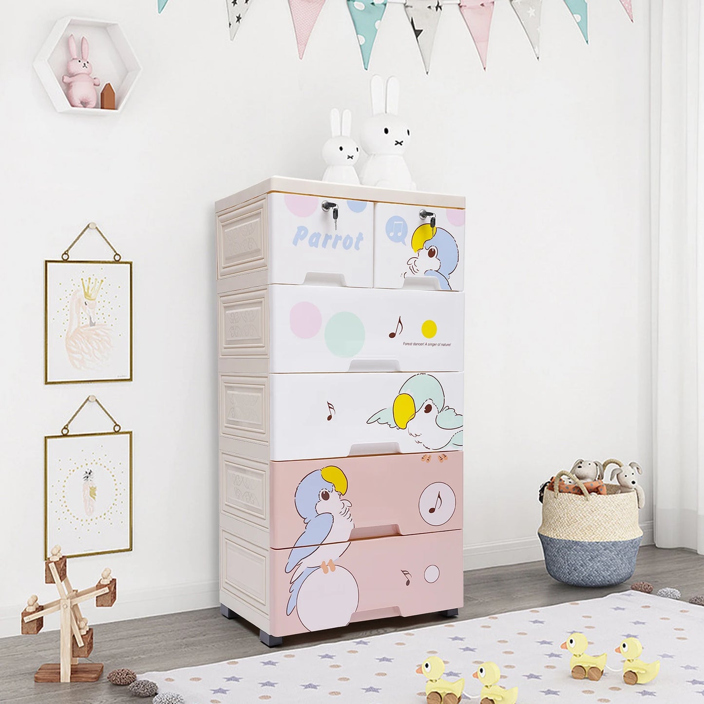 Modern Rolling Plastic Dresser Storage Cabinet With Lock 6 Drawers