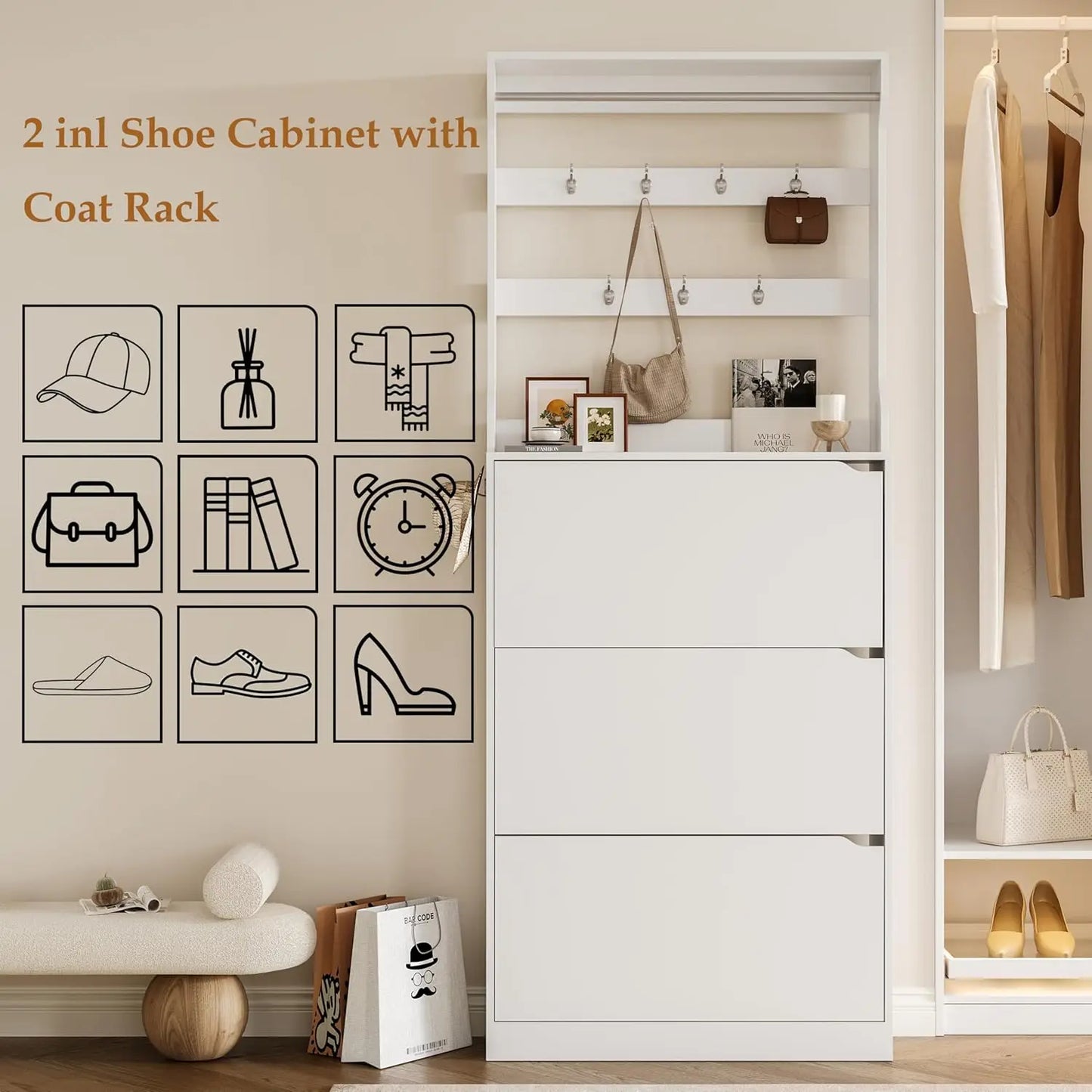Shoe Cabinet With Coat Rack Doors Drawer Hidden Storage