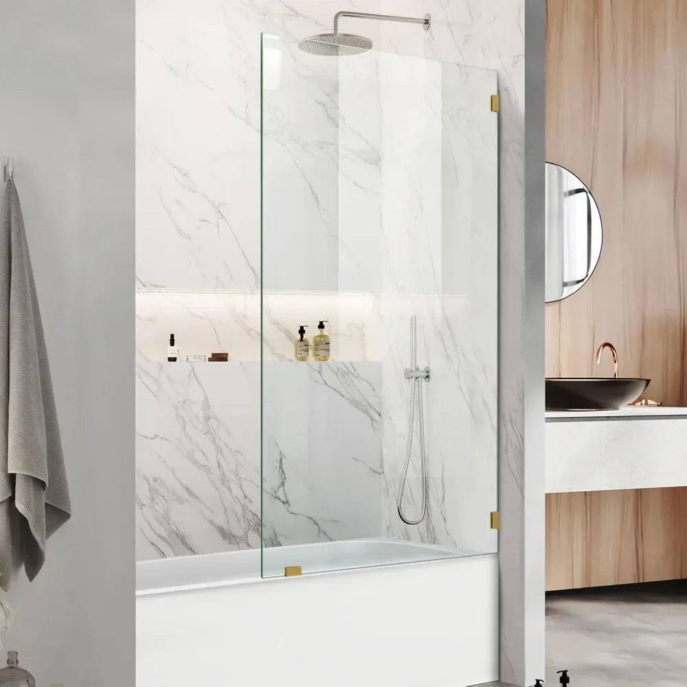 Frameless Fixed Shower Glass Panel With Brushed Gold Clamps
