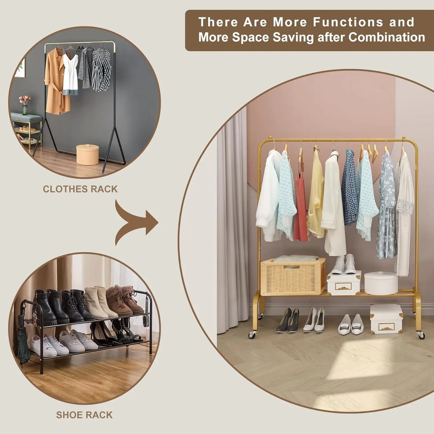 XMSJ Gold Metal Clothing Rack With Wheels And Bottom Shelf