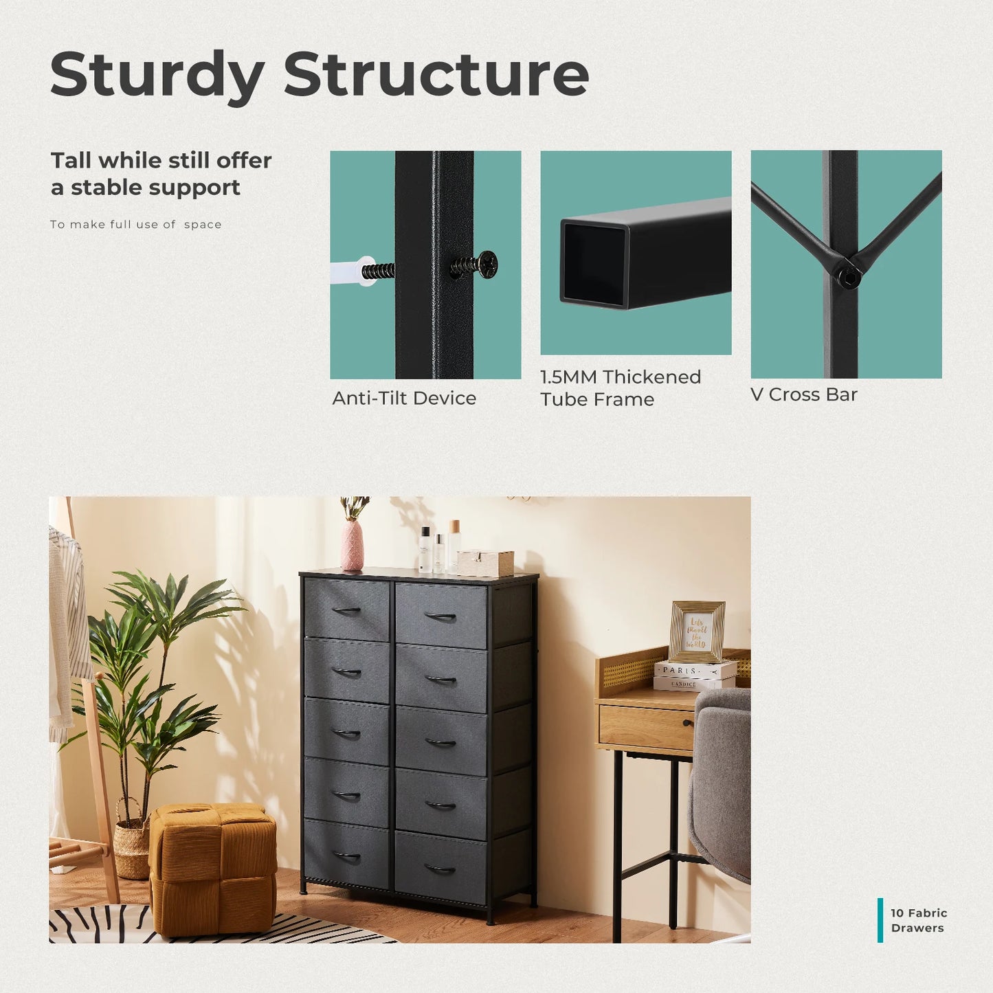 JHK Bedside Table With 10 Fabric Drawers And Steel Frame