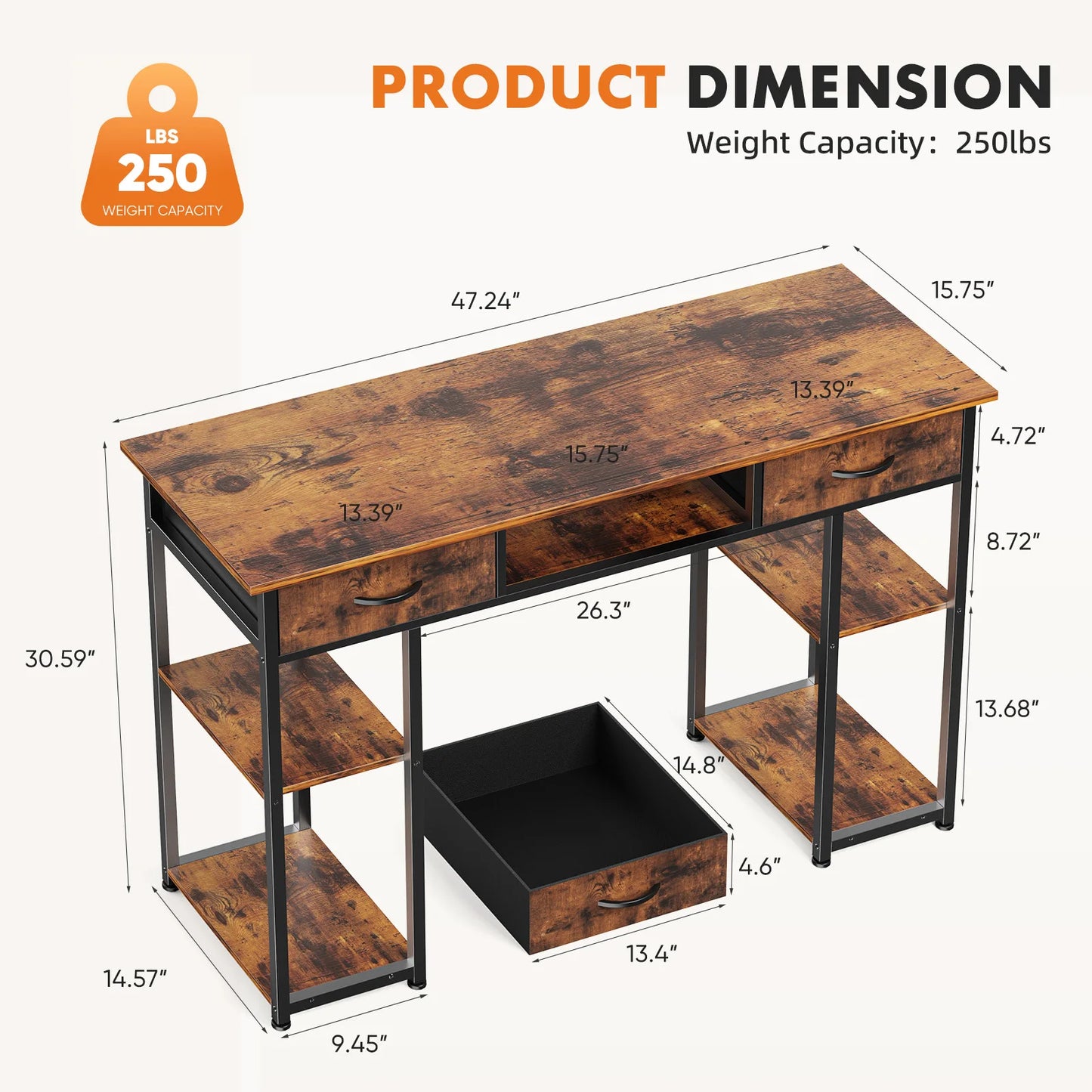 JHK Computer Gaming Desk With Metal Frame Fabric Drawers And Shelves