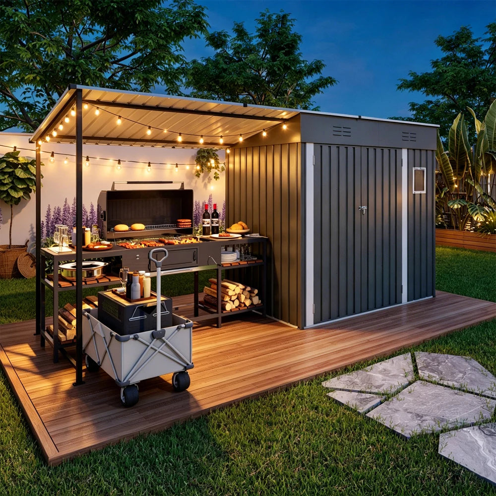 Metal Lean To Shed With Open Sided Pergola And Gazebo