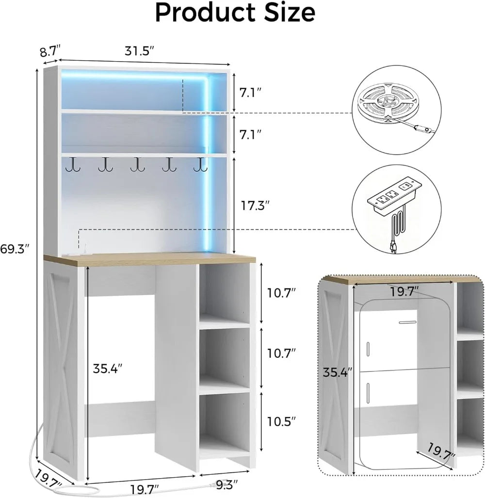 Kitchen Microwave Stand With Mini Fridge LED Lighting Power Outlets