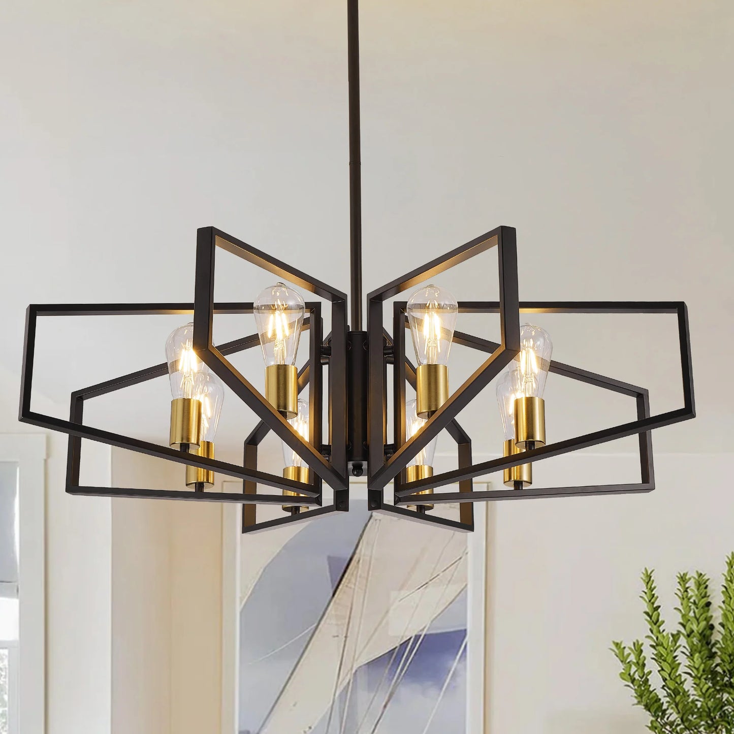 Geometric Eight Light Chandelier With Adjustable Height Metal Pendant