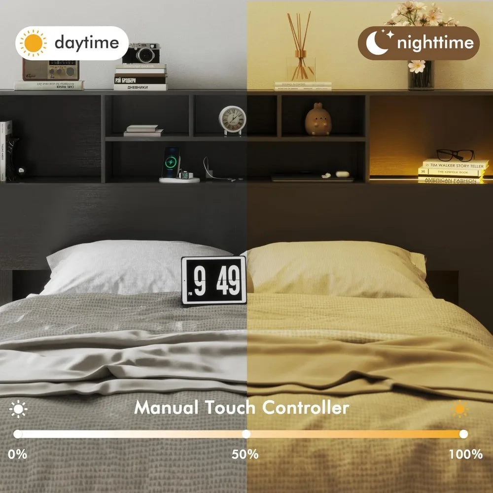 Wood Headboard With USB Storage And LED Lights Wall Mount