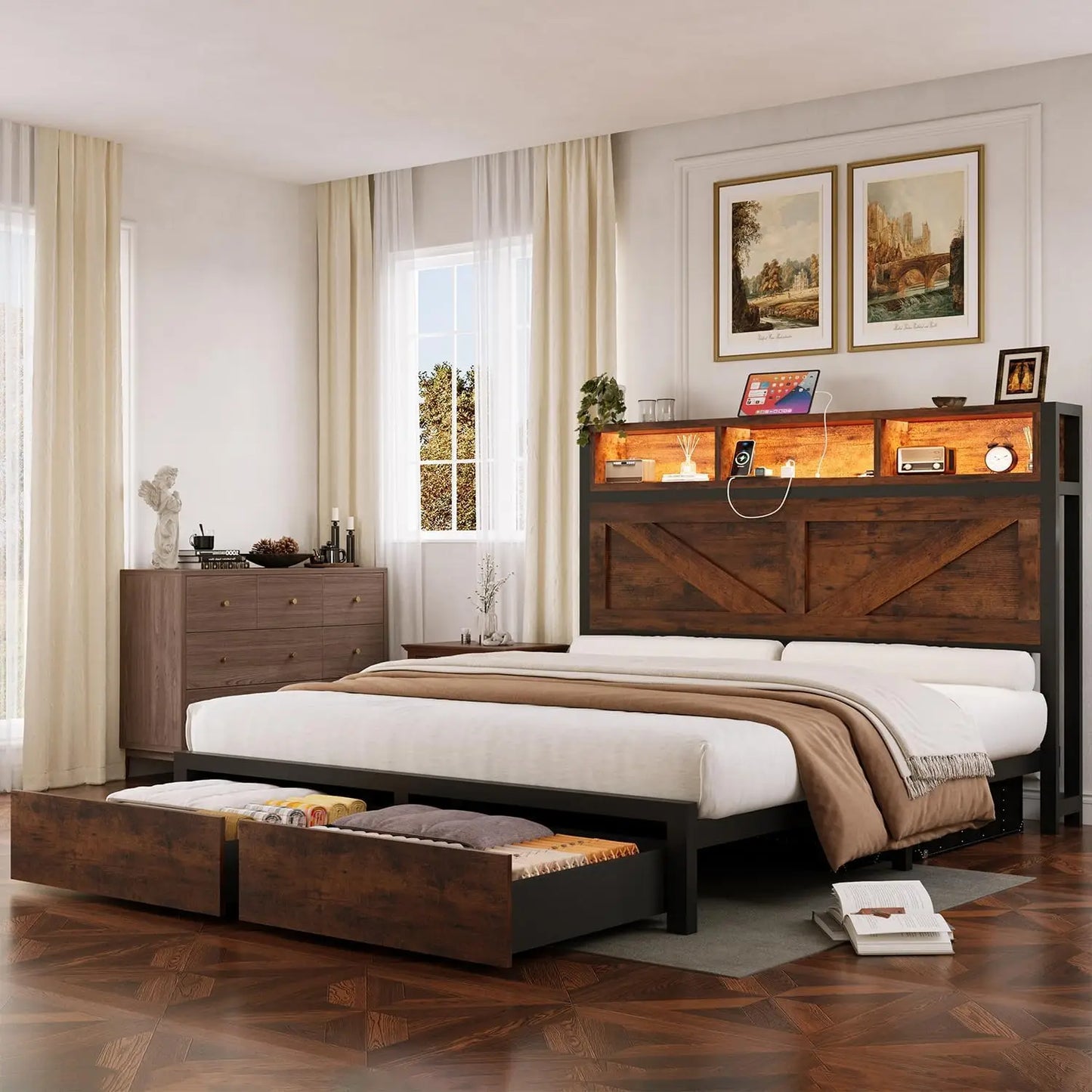 Chengwei Farmhouse Full Bed Frame With Bookcase Storage Headboard