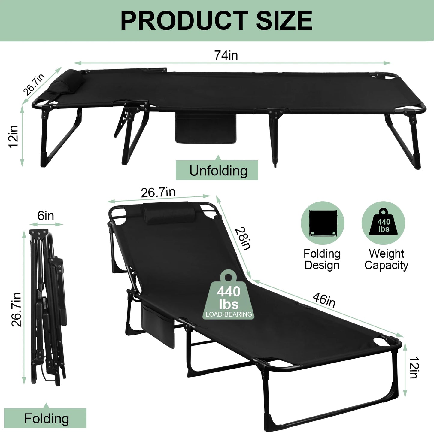 Portable Folding Camping Cot Three Position Reclining Lounge Chair