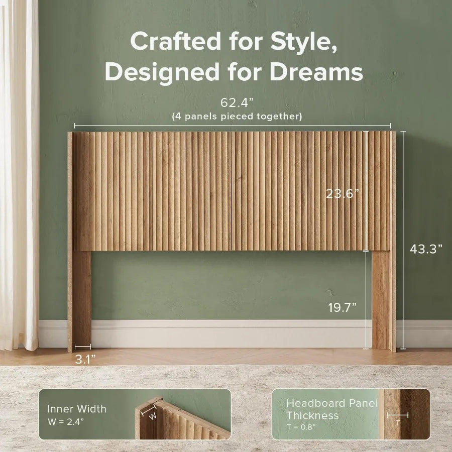 Wall Mount Wood Headboard With Fluted Panel And Wingback Design
