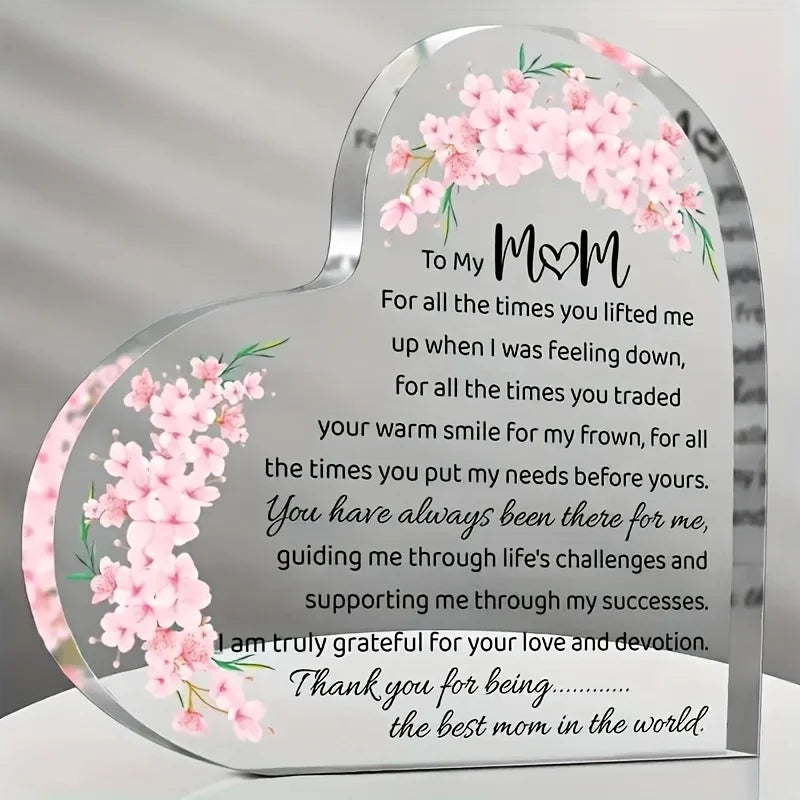 Heart Shaped Acrylic Mom Appreciation Plaque With Floral Design Gift