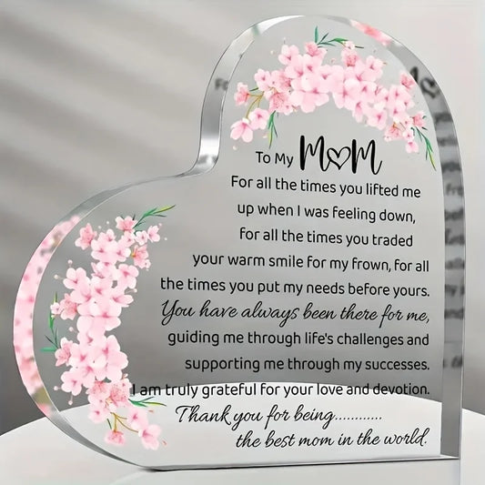 Heart Shaped Acrylic Mom Appreciation Plaque With Floral Design Gift