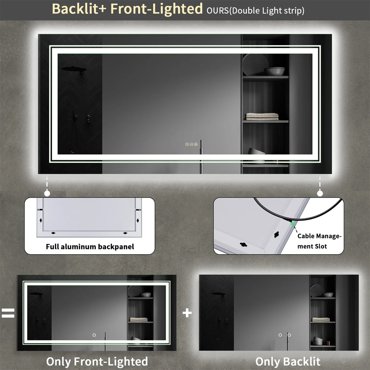 LED Backlit Bathroom Mirror With Anti Fog Dual Lights Touch