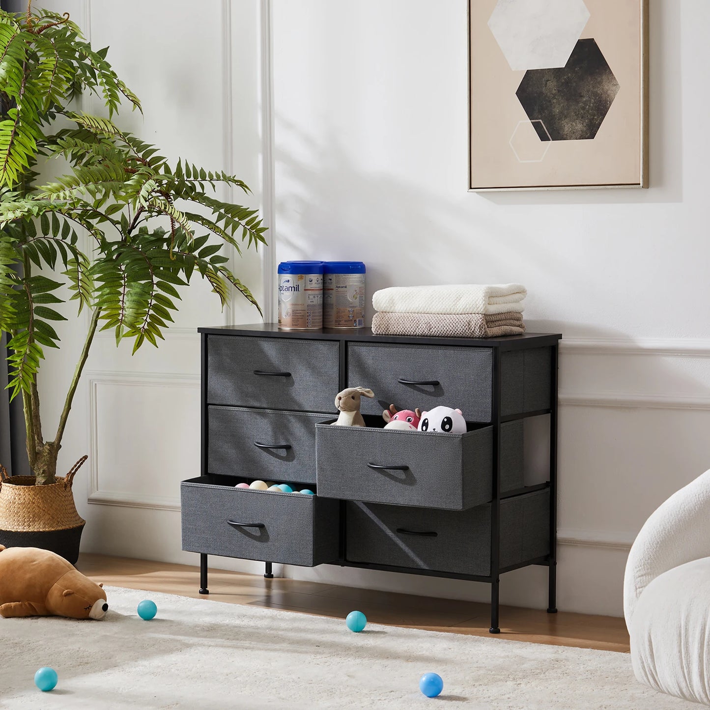 JHK Six Drawer Fabric Nightstand With Storage For Bedroom