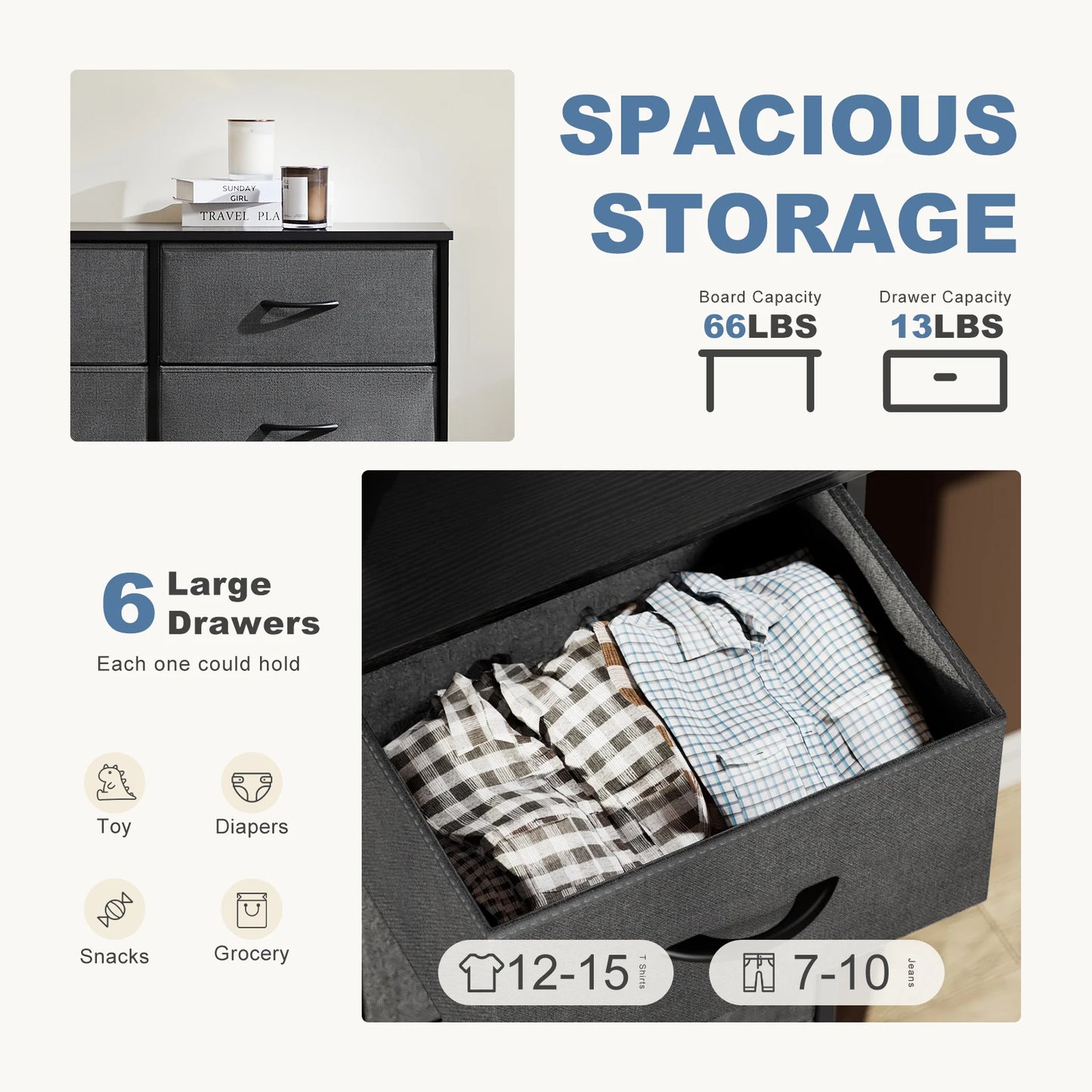 JHK Six Drawer Fabric Nightstand With Storage For Bedroom