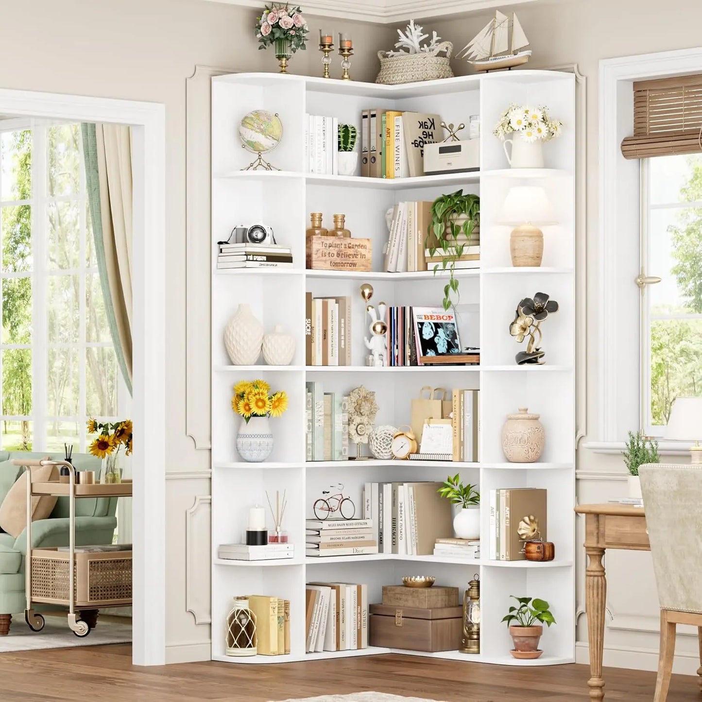 L Shaped Corner Bookshelf Six Tier Wood Bookcase Home Office