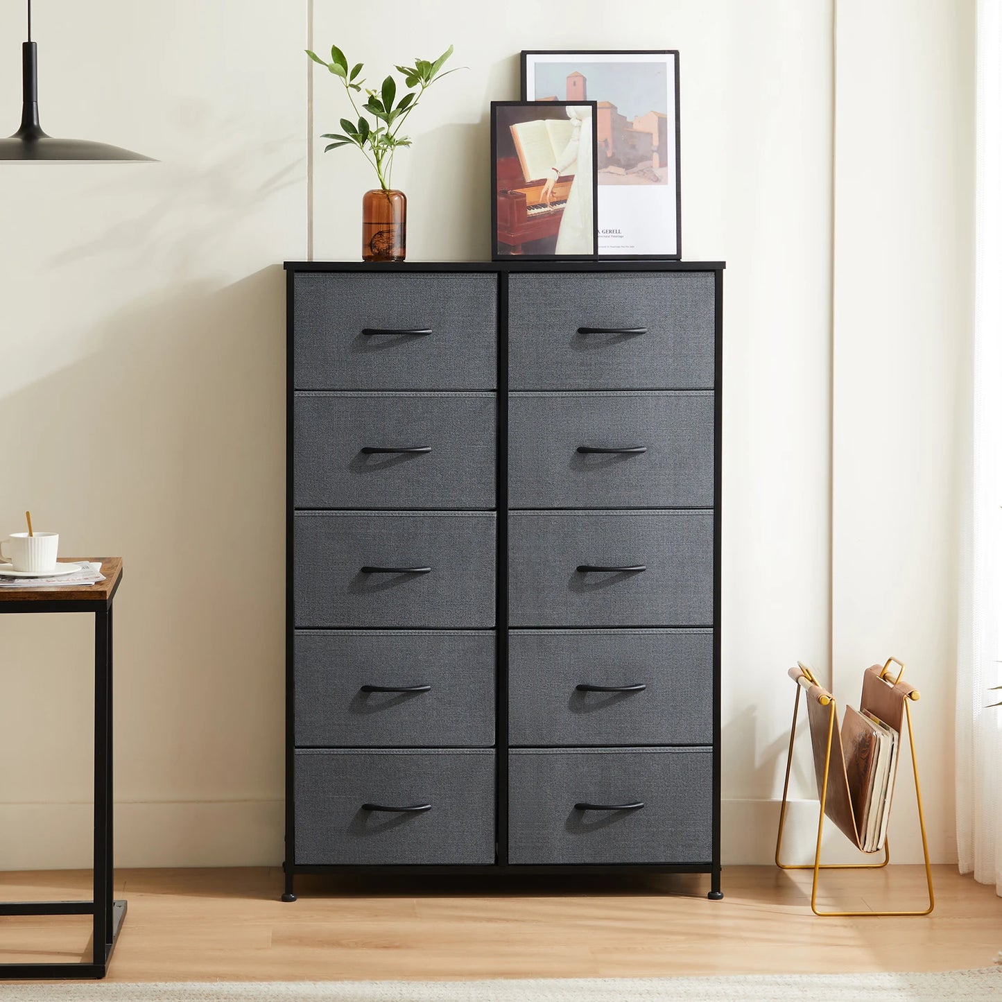 JHK Bedside Table With 10 Fabric Drawers And Steel Frame