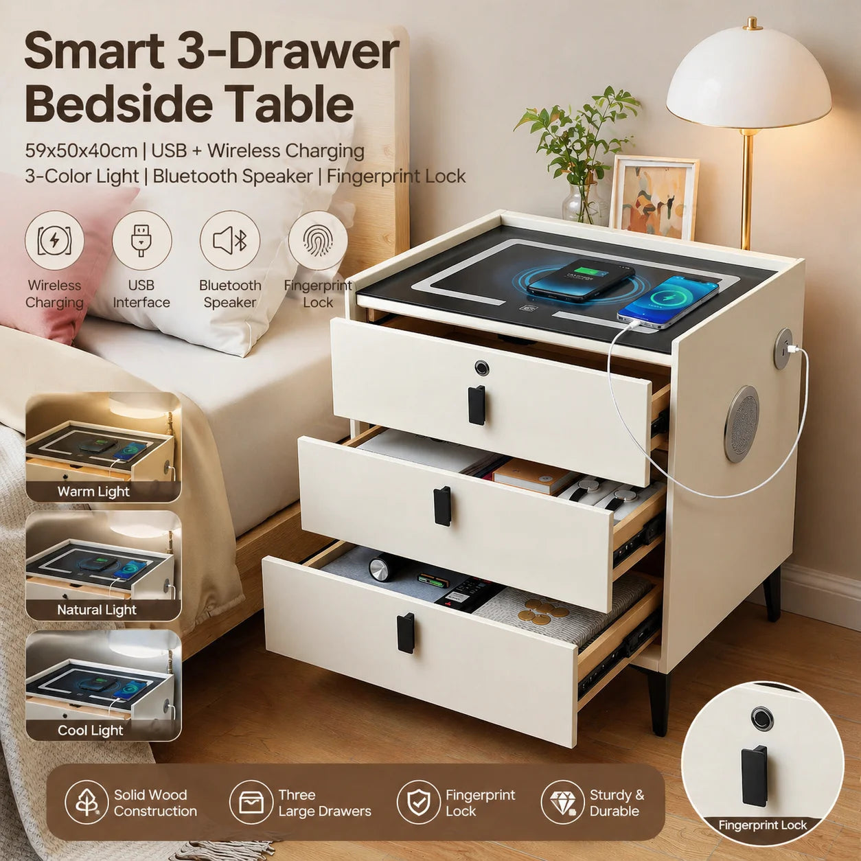 Solid Wood Nightstand With USB Charging Bluetooth Speaker And 3 Drawers