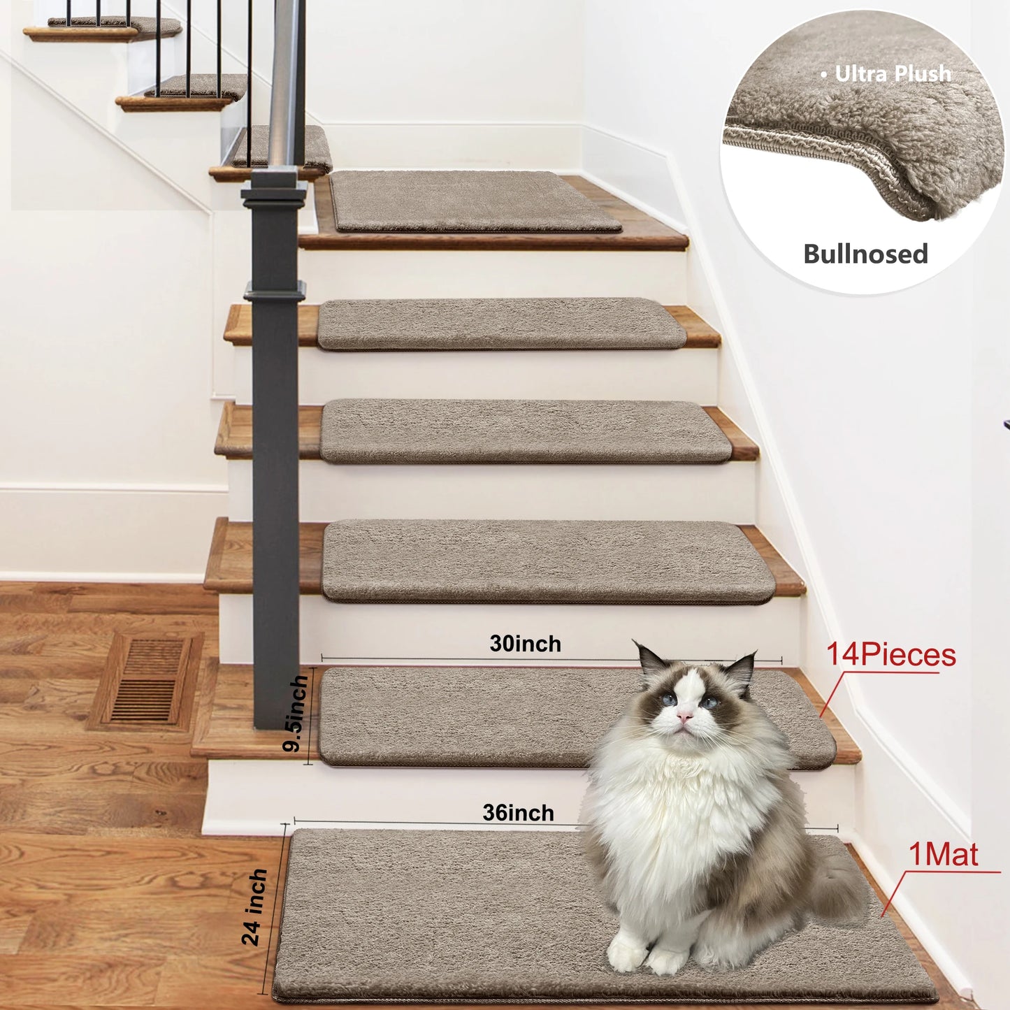 Non-Slip Bullnose Stair Treads Washable Self-Adhesive Plush Carpet Mats