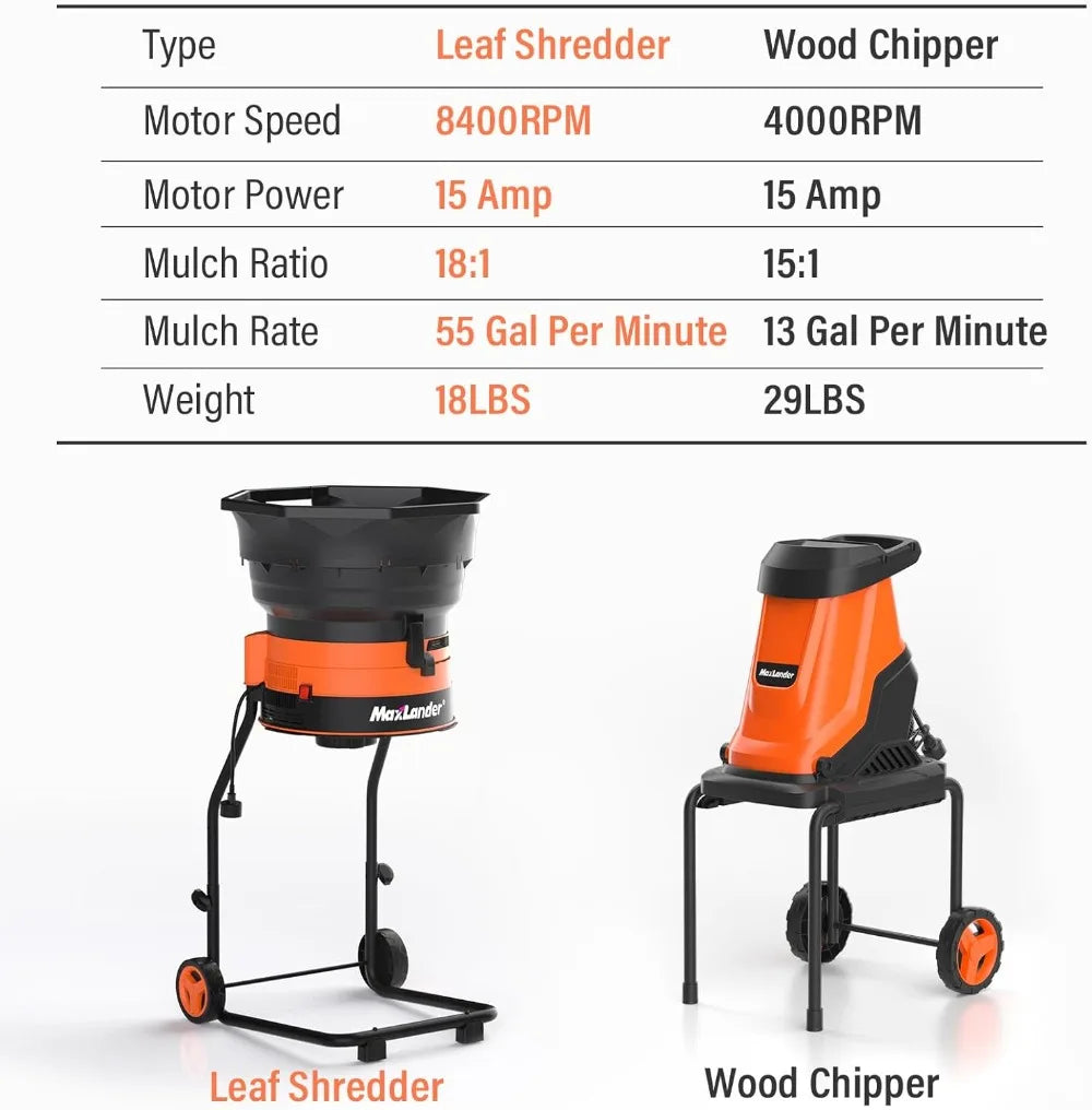 Electric Leaf Mulcher Shredder 15A 8400 RPM 18 To 1