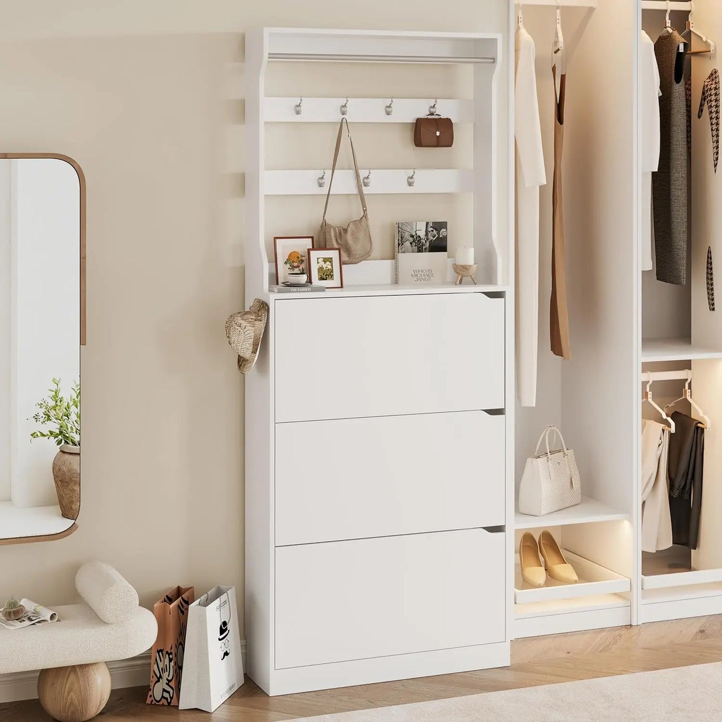 Shoe Cabinet With Coat Rack Doors Drawer Hidden Storage