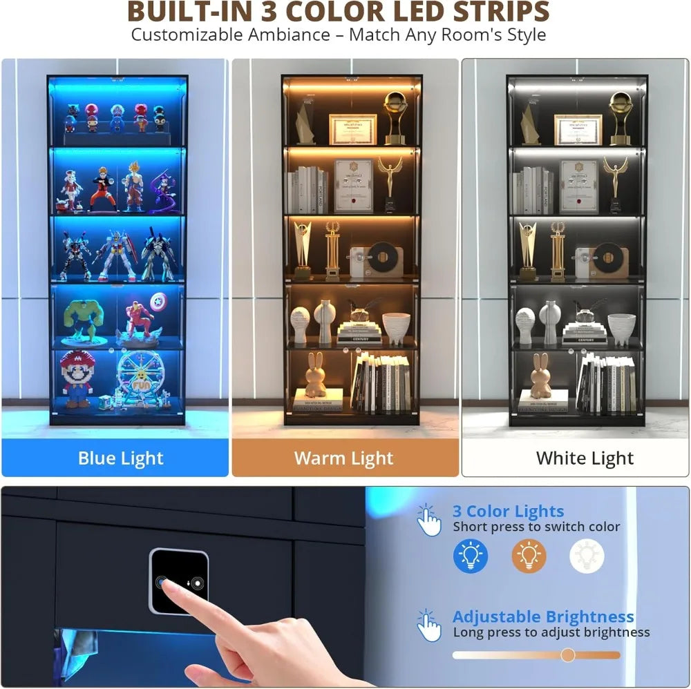 Glass Display Cabinet With Sensor Lights 5 Tier For Collectibles