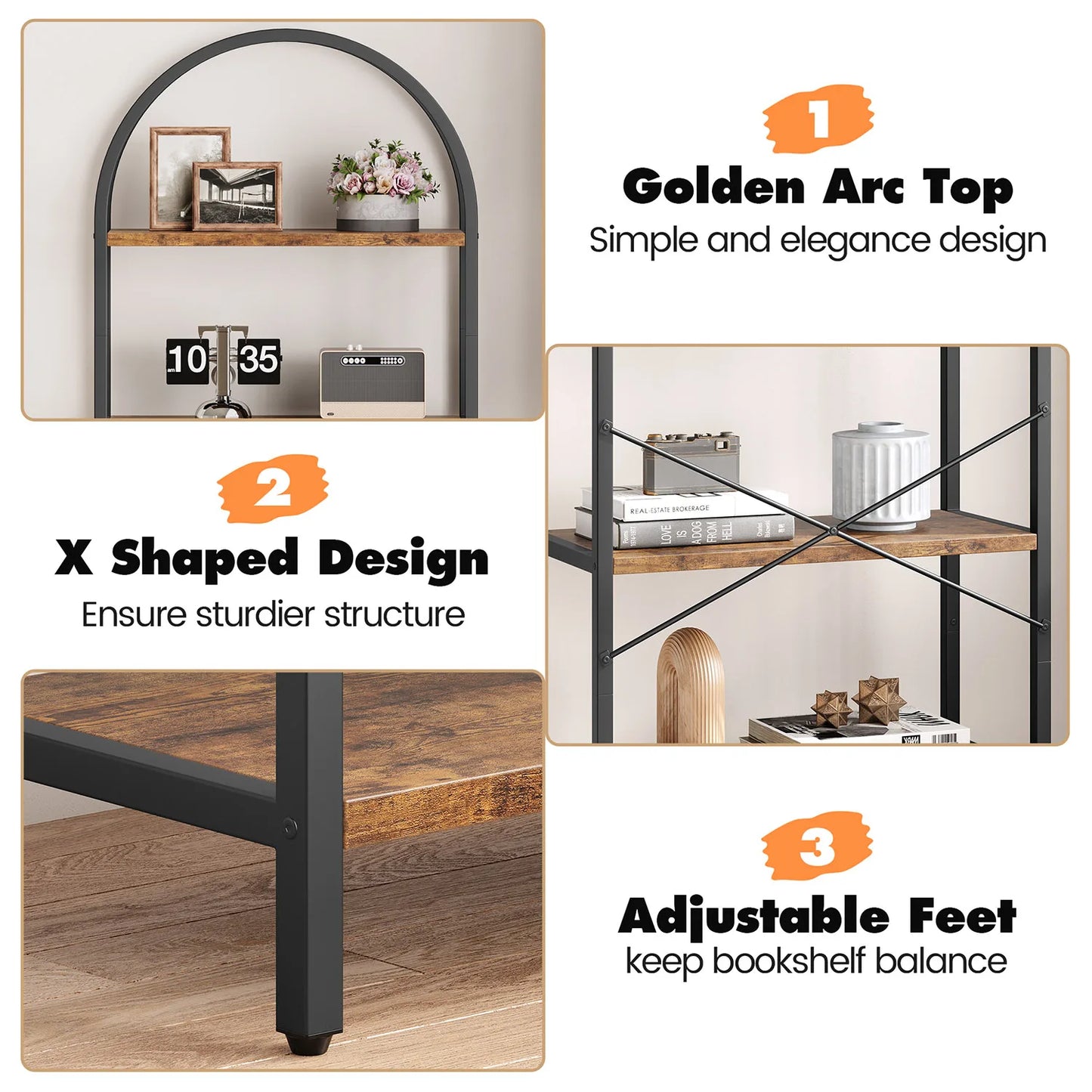 TWISTER.CK 5 Tier Arched Bookshelf Industrial Open Bookcase