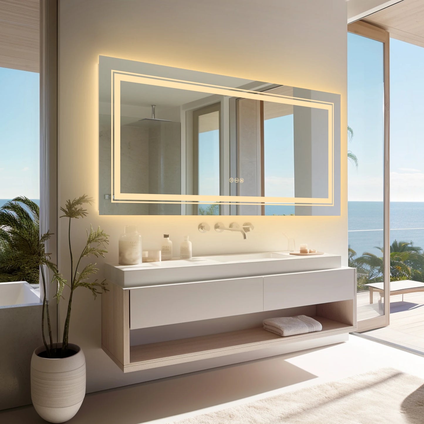 Wisfor LED Backlit Bathroom Mirror With Memory Anti Fog Front And Back Lighting