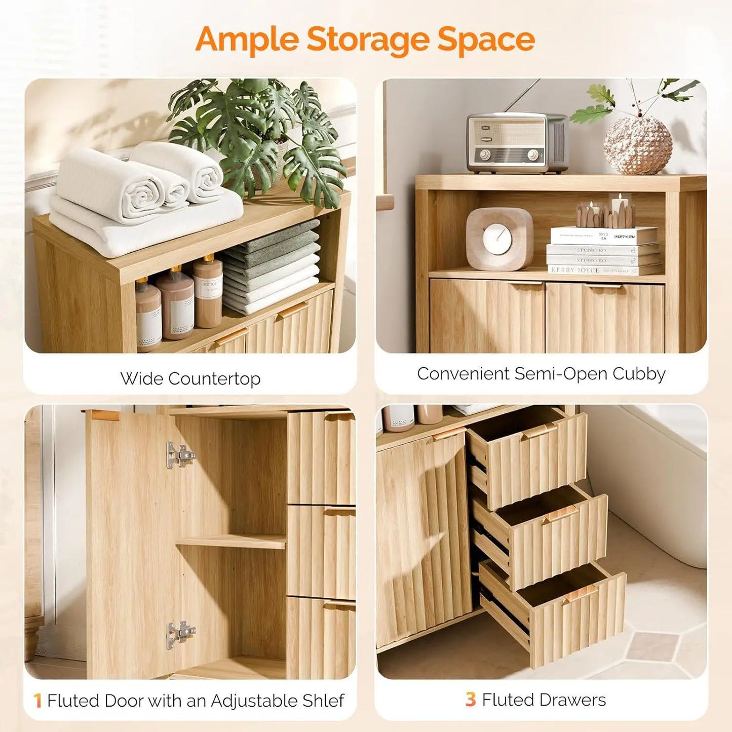 Fluted Bathroom Floor Storage Cabinet With Fluted Doors And Drawers