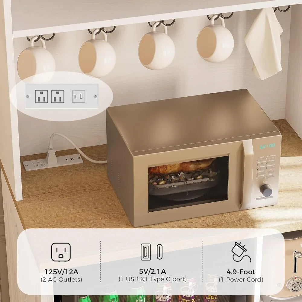 Kitchen Microwave Stand With Mini Fridge LED Lighting Power Outlets