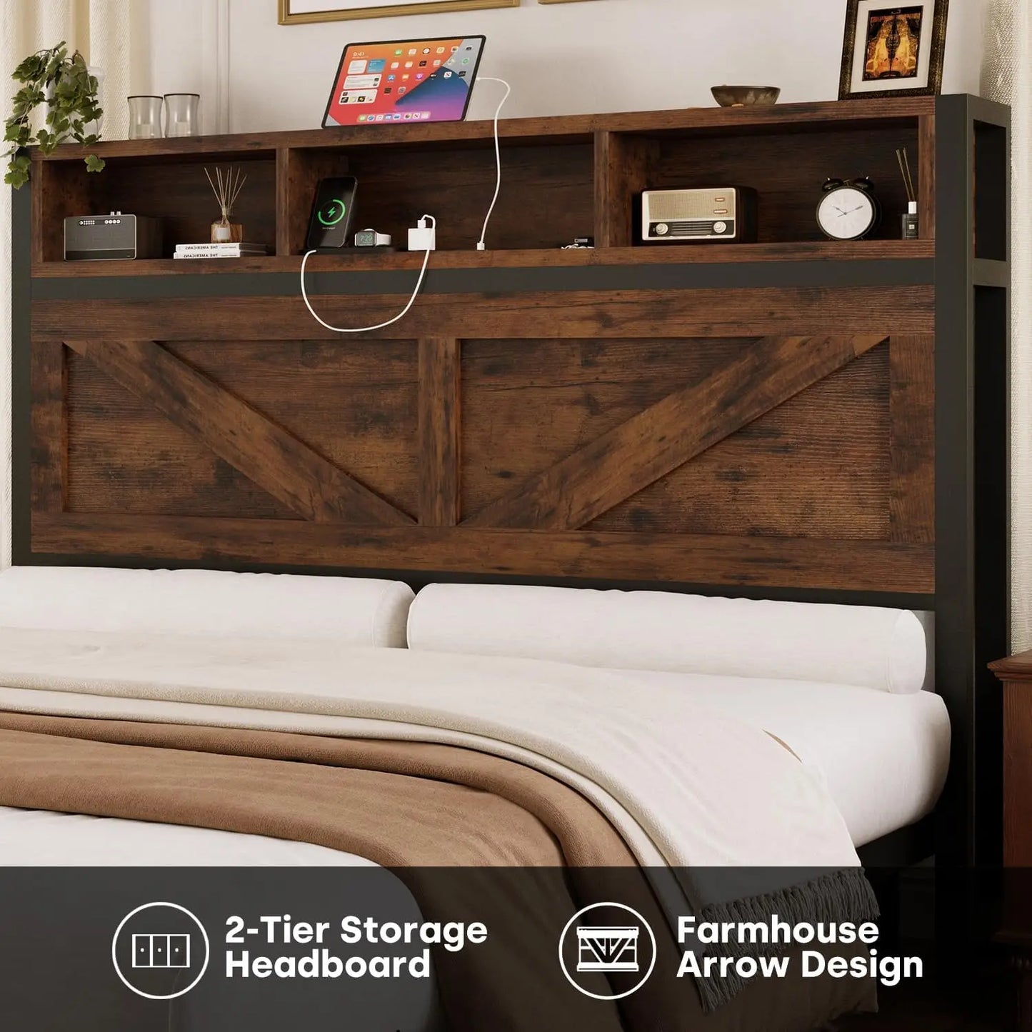 Chengwei Farmhouse Full Bed Frame With Bookcase Storage Headboard