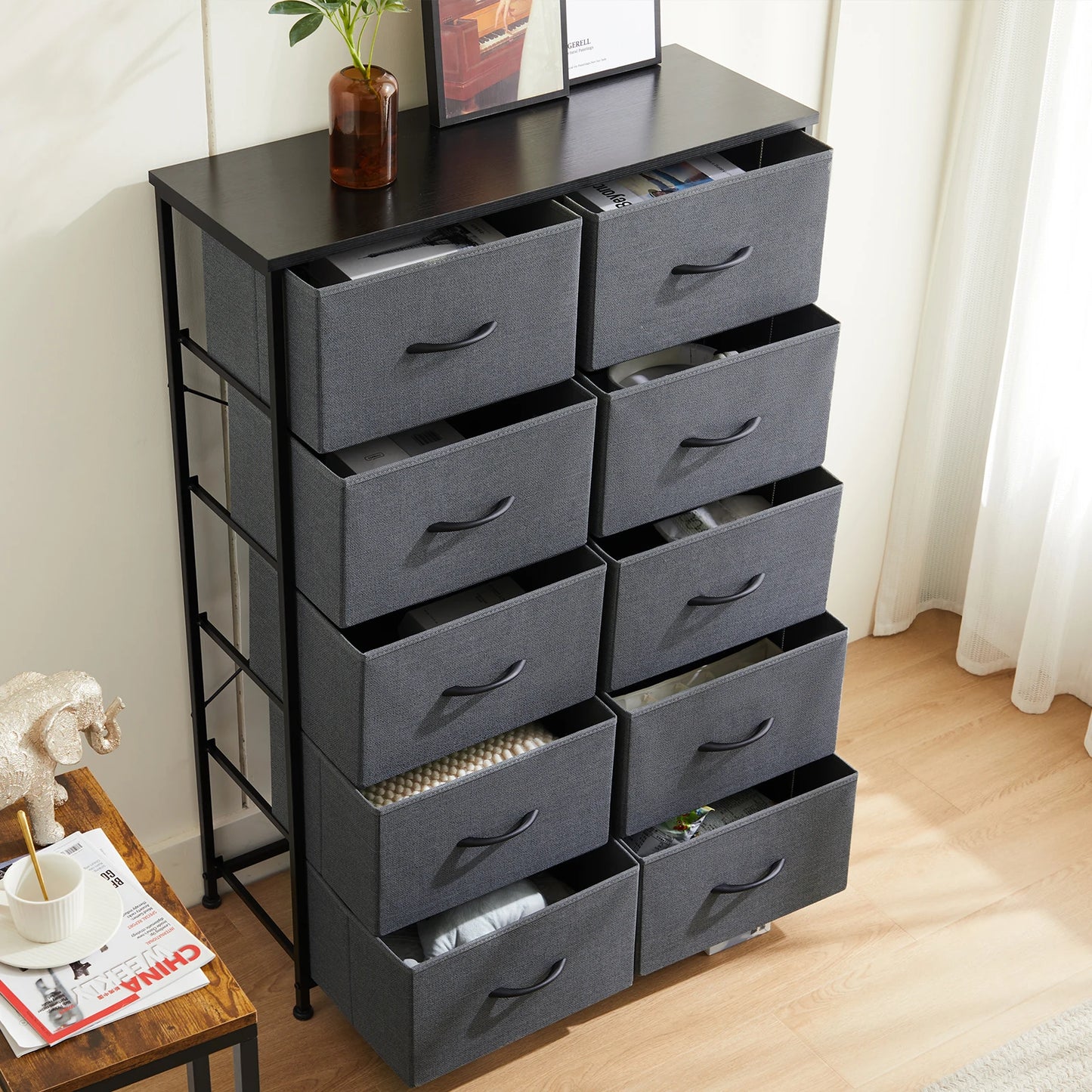 JHK Bedside Table With 10 Fabric Drawers And Steel Frame